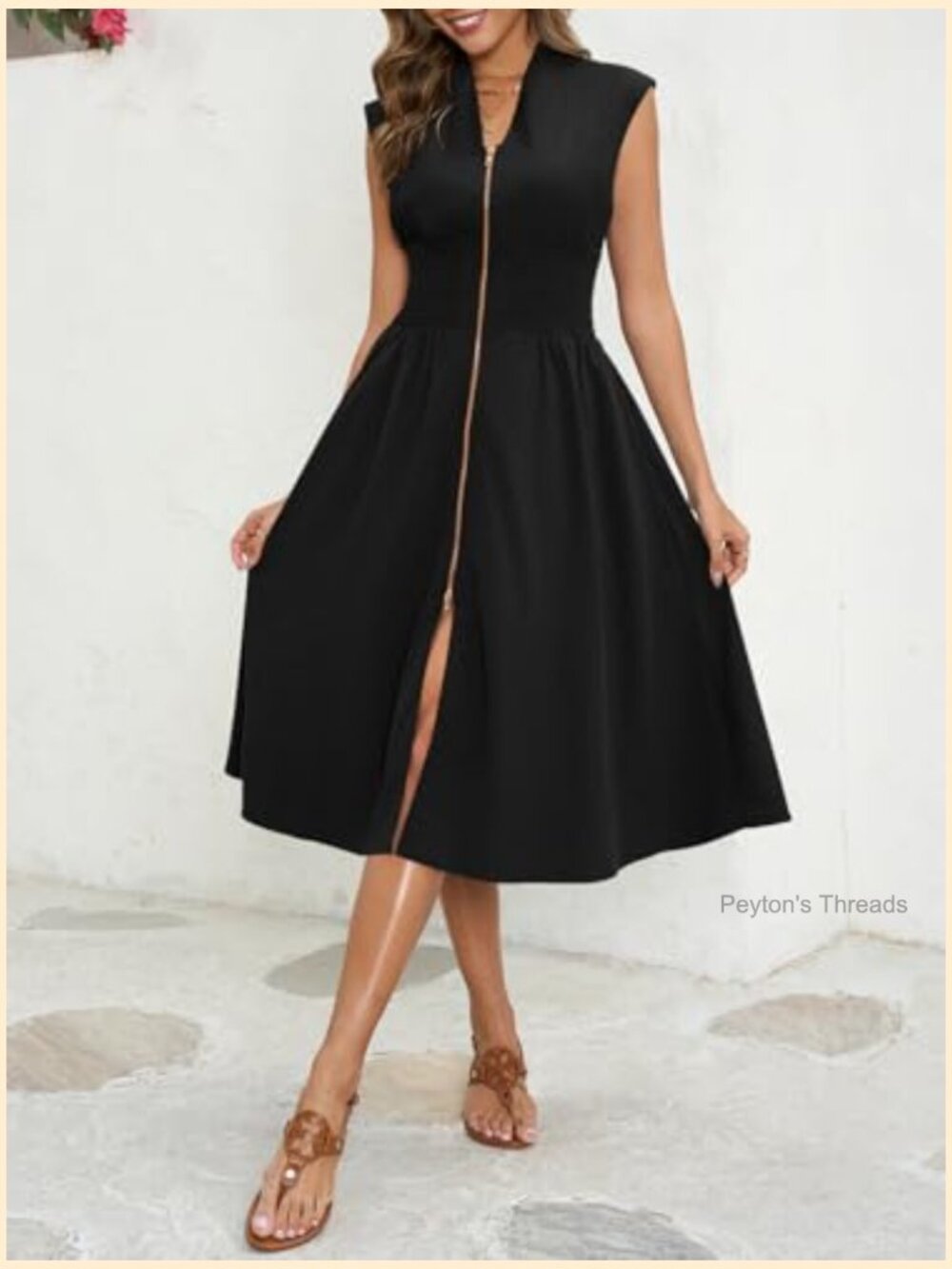 Smocked Midi Dress V Neck Cap Sleeve High Slit Flowy Casual Zipper Dress - Picture 5 of 7